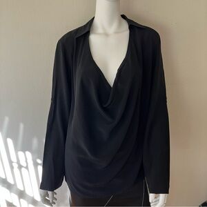 Eileen Fisher black silk draped front blouse